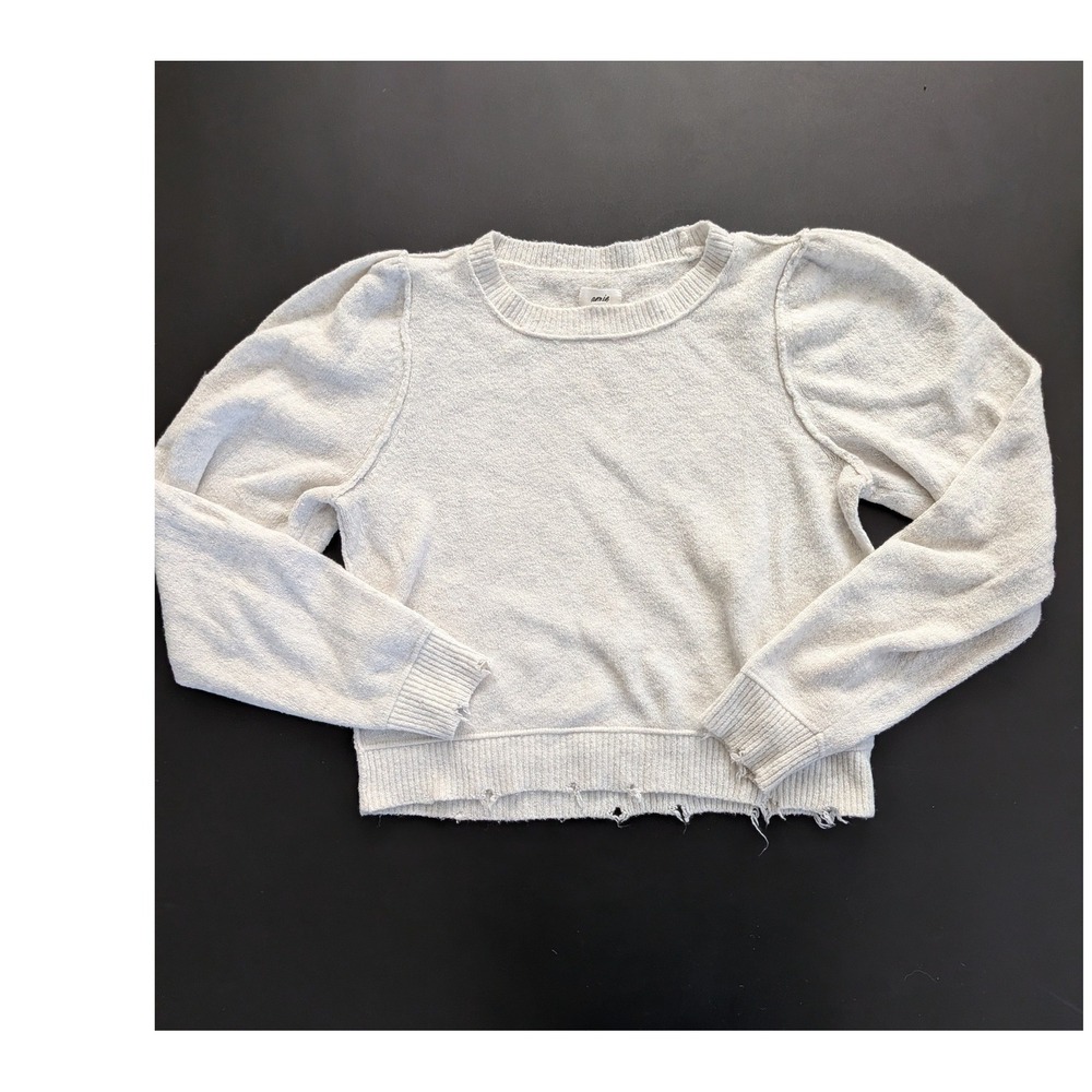 Aerie Cream Puff Sleeve Distressed Crew Neck Sweater Womens Medium